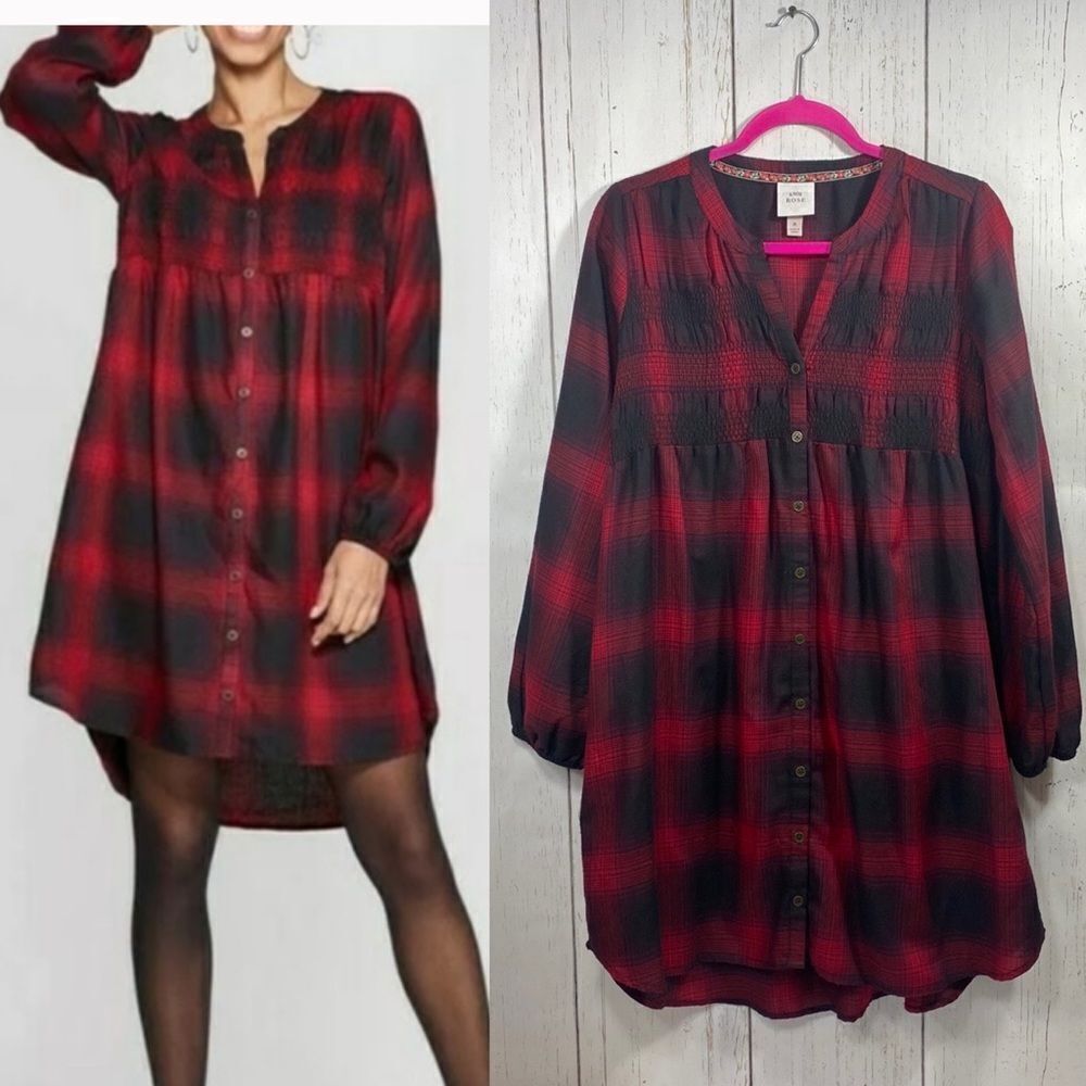 Knox Rose Womens Plaid Long Sleeve Smocked Shift Button Front Red Midi Dress